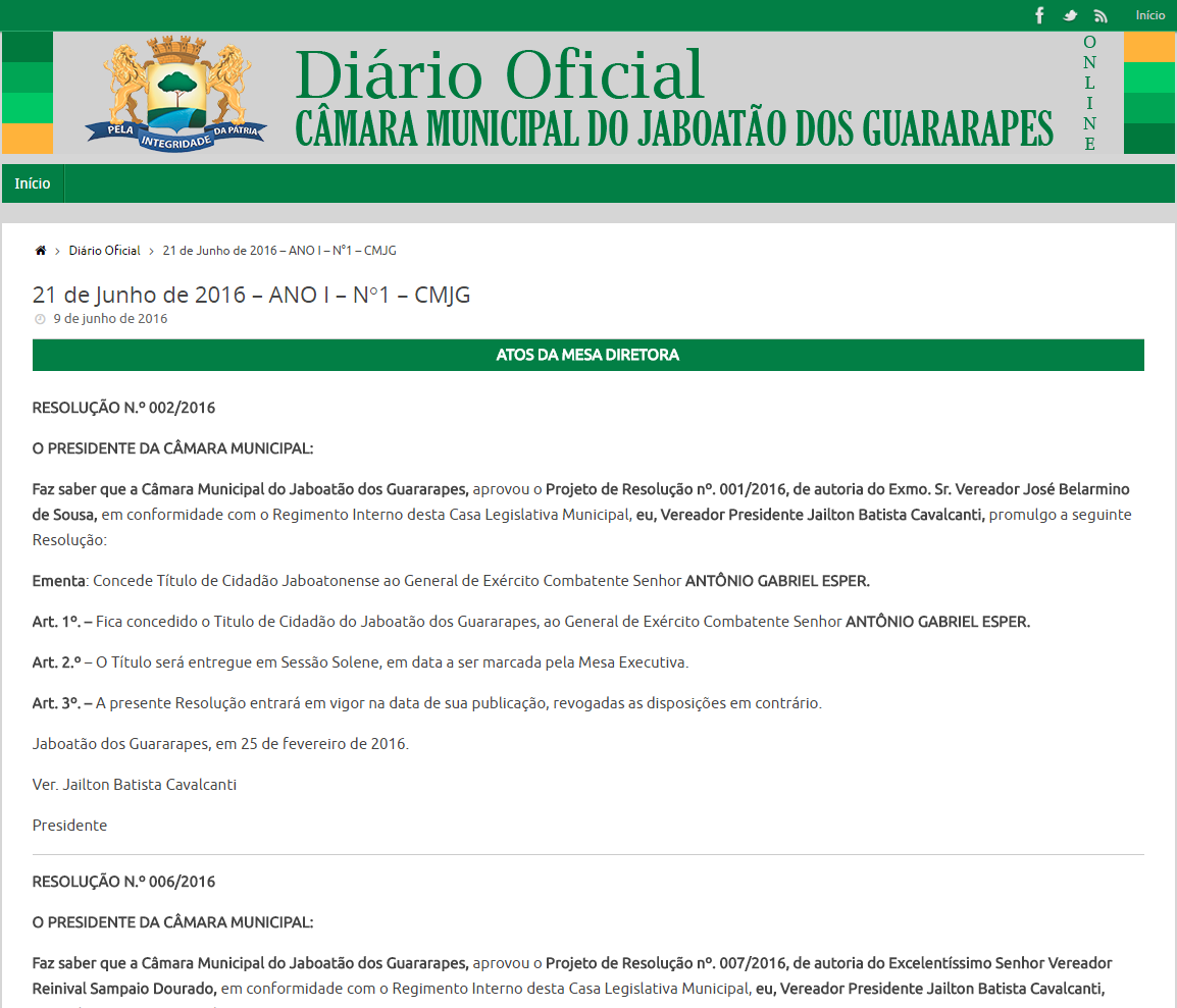 ESTÁ NO AR O DIÁRIO OFICIAL Nº 1 DA CÂMARA MUNICIPAL DO JABOATÃO DOS GUARARAPES